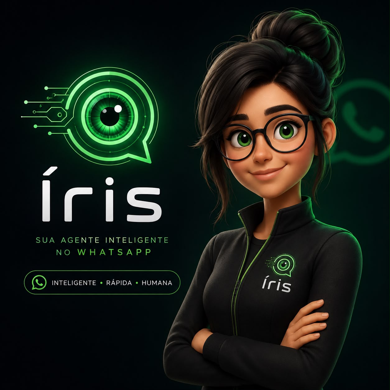 Íris, a atendente de IA para WhatsApp, com o ícone da marca ao lado